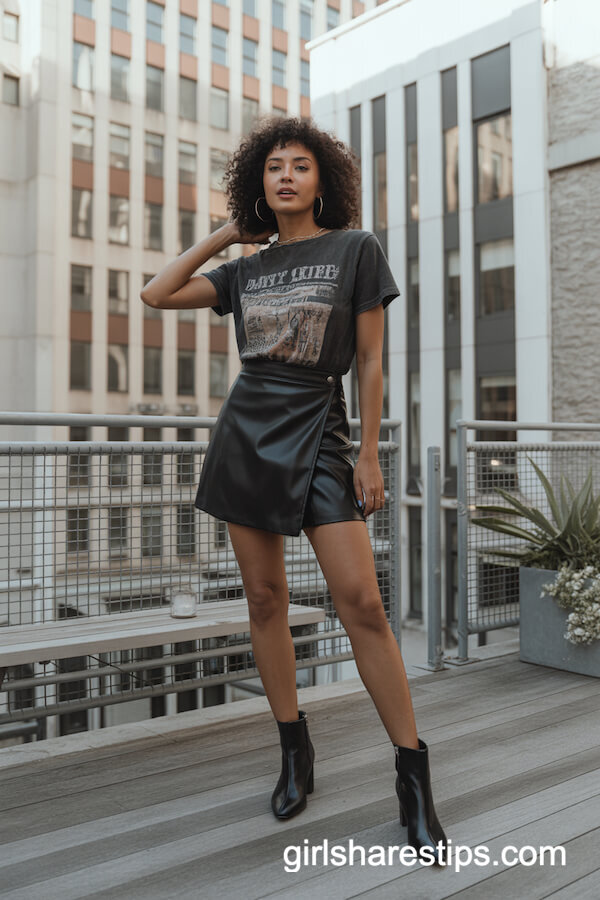 Faux Leather Wrap Mini Skirt with Vintage Tee