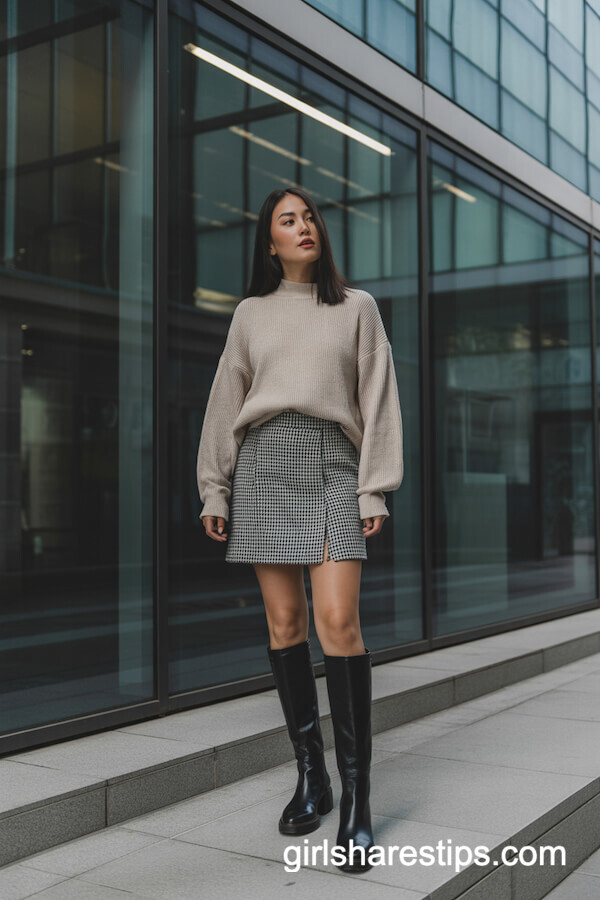 Houndstooth Mini Skirt with Chunky Sweater