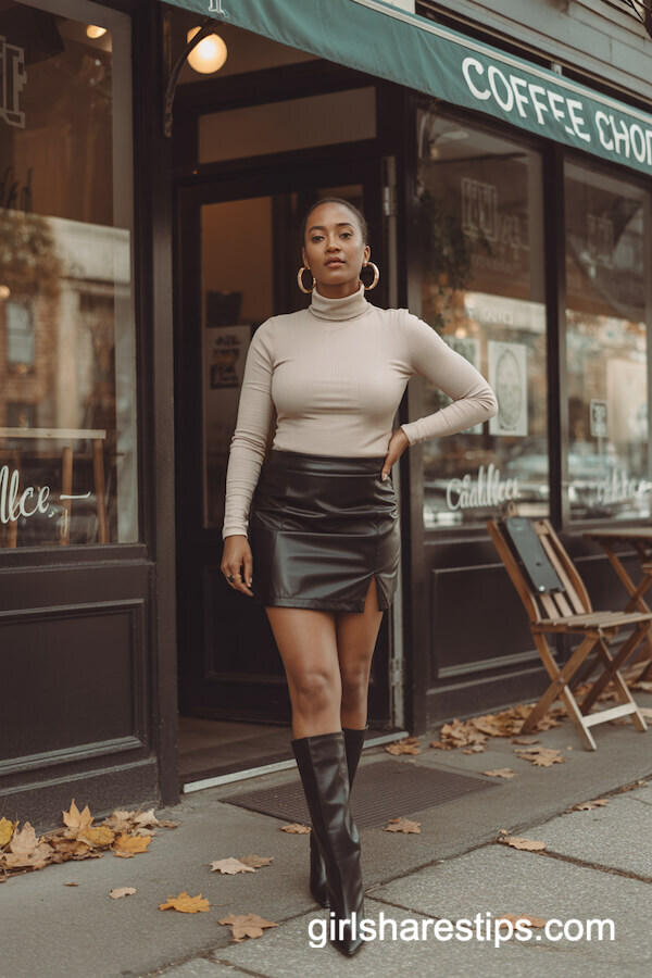 Black Leather Mini Skirt with Beige Turtleneck