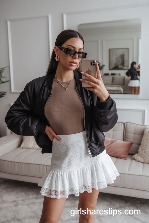 White Ruffled Mini Skirt with Bomber Jacket