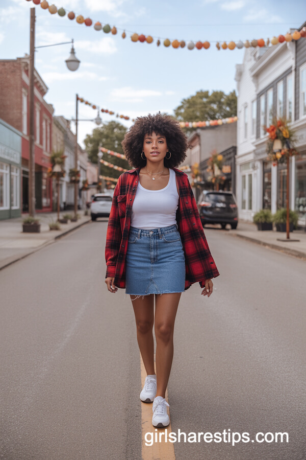 Blue Denim Mini Skirt with Red Flannel Shirt