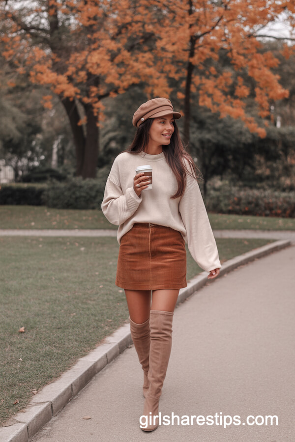 Brown Corduroy Mini Skirt with Ivory Sweater