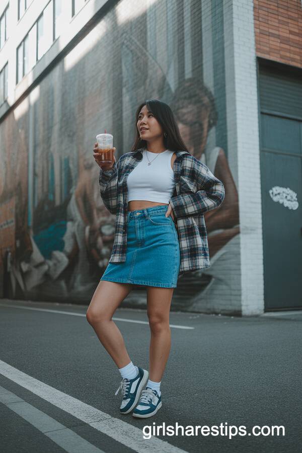 Blue Denim Mini Skirt with Crop Top and Shacket