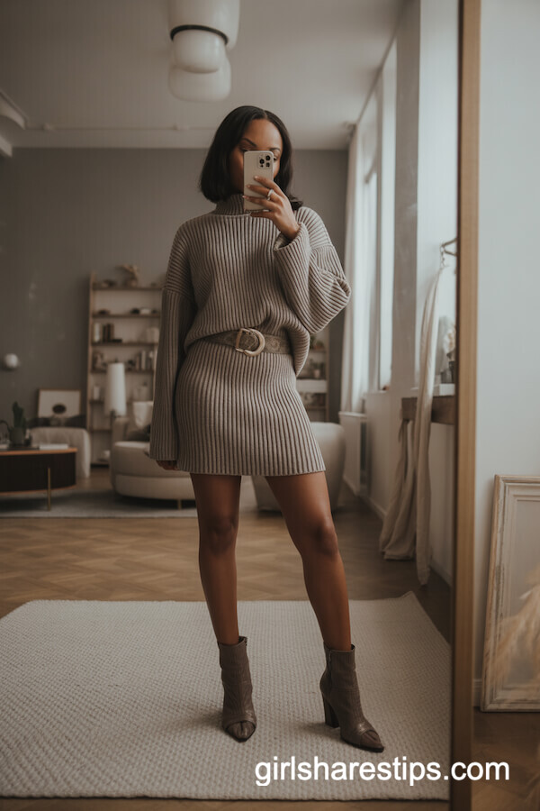 Ribbed Knit Mini Skirt with Statement Belt