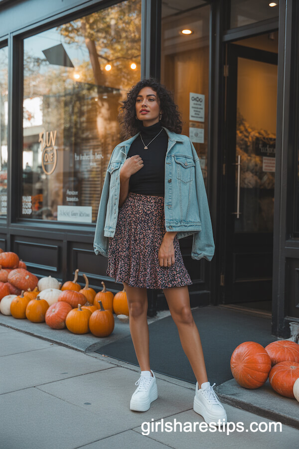 Printed Floral Mini Skirt with Black Turtleneck