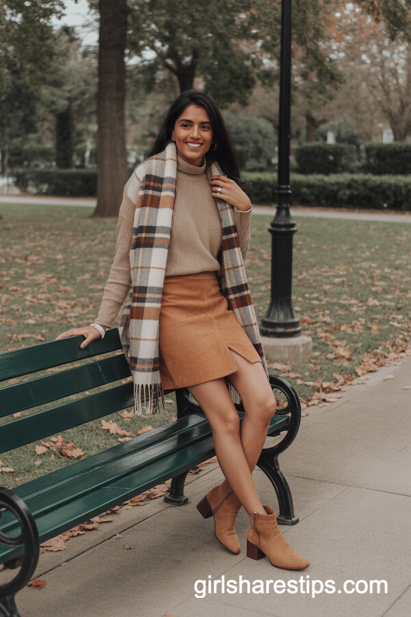 Tan Faux Suede Mini Skirt with Plaid Scarf