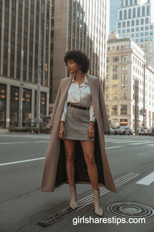 Grey Tweed Mini Skirt with Beige Wool Coat