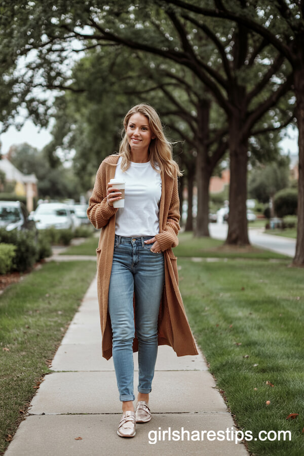 Camel Cardigan, White Tee & Skinny Jeans Combo