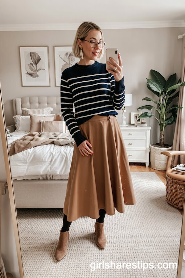 Breton Stripe Sweater & Camel Midi Skirt