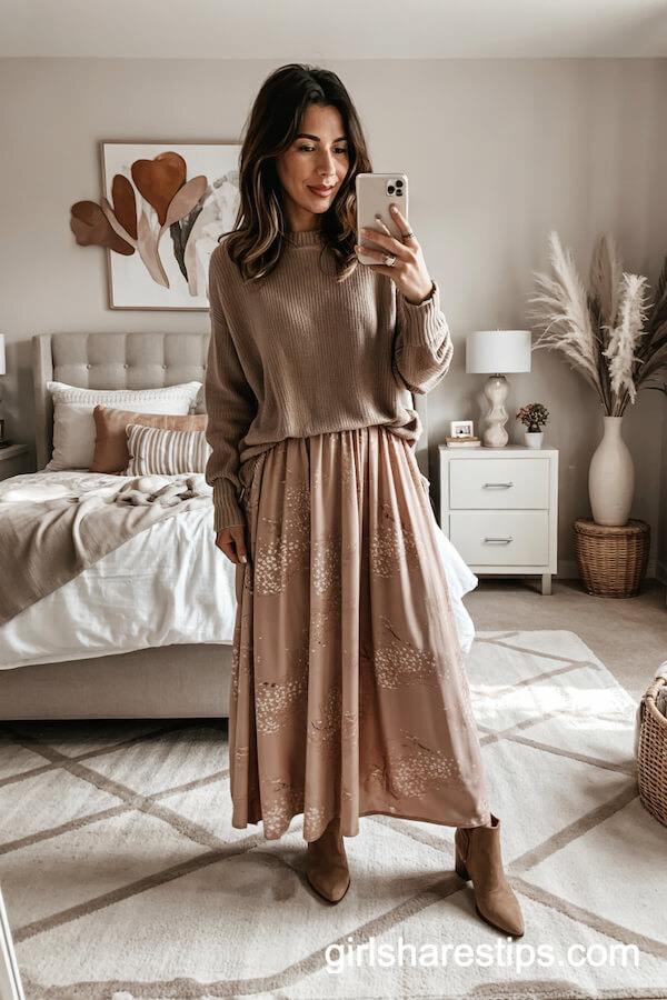 Fitted Sweater With Printed Maxi Skirt