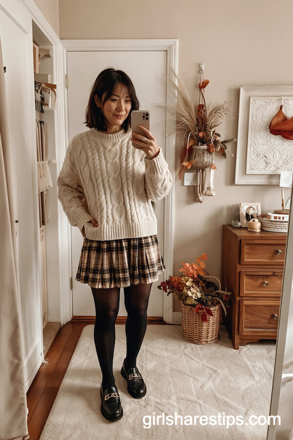 Chunky Cable Knit Sweater & Plaid Mini Skirt