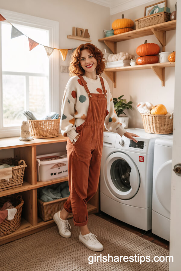 Colorful Polka Dot Sweater & Corduroy Overalls