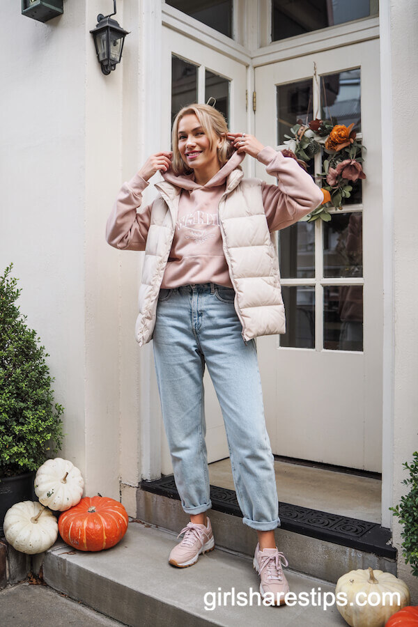 Pink Hoodie Layered Under Cream Puffer Vest