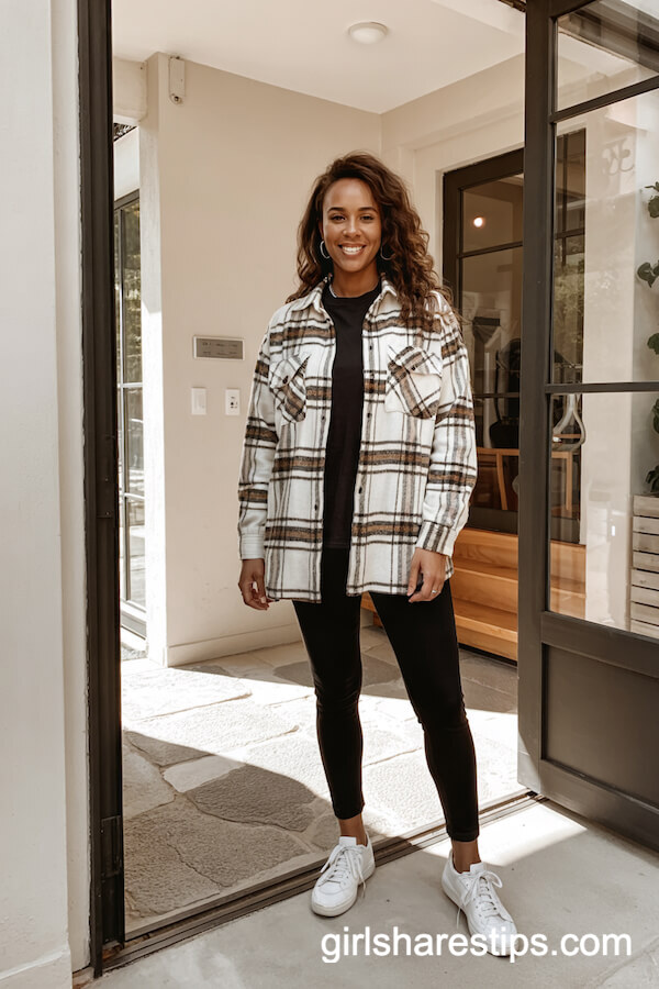Plaid Shacket With Leggings & Sneakers