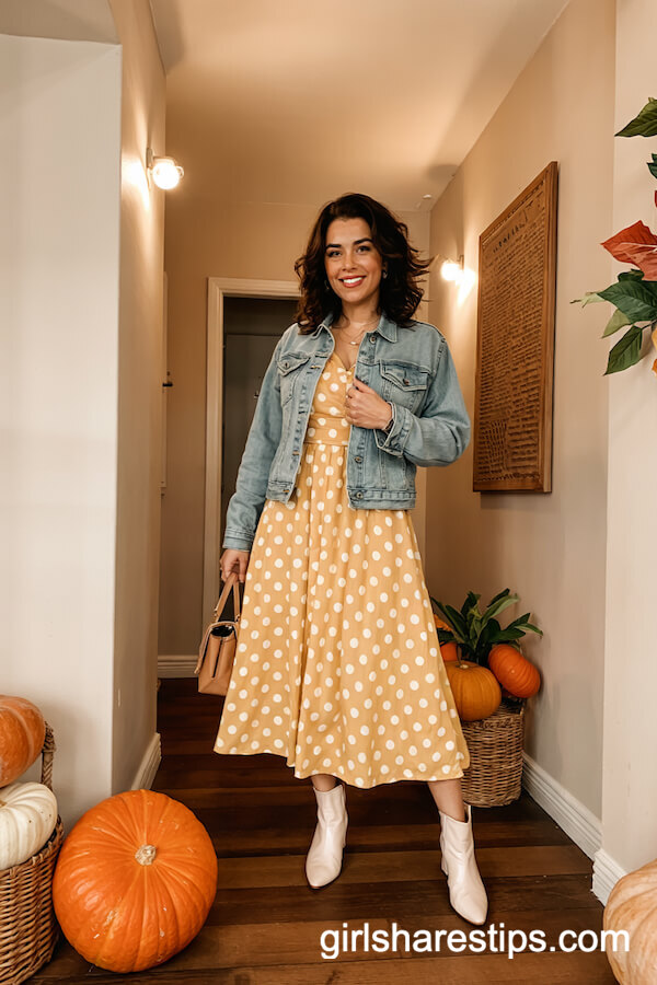 Yellow Polka Dot Midi Dress With Denim Jacket