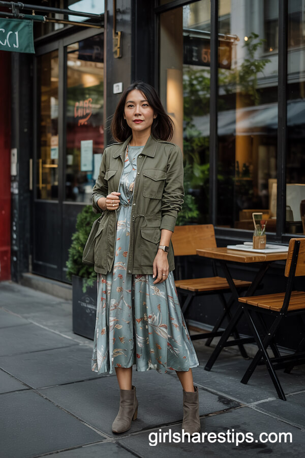 Utility Jacket Over Floral Midi Dress