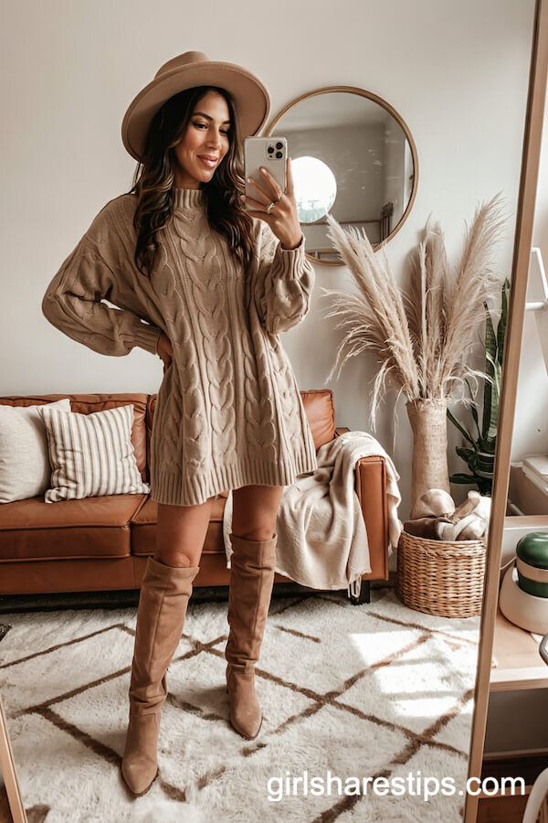 Boho Sweater Dress With Knee-High Boots