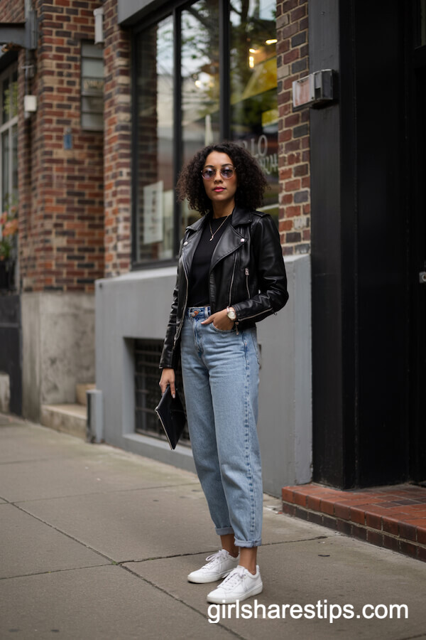 Leather Moto Jacket With Vintage Mom Jeans