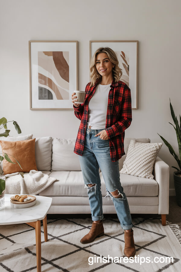 Red Flannel Shirt & Ripped Jeans Look