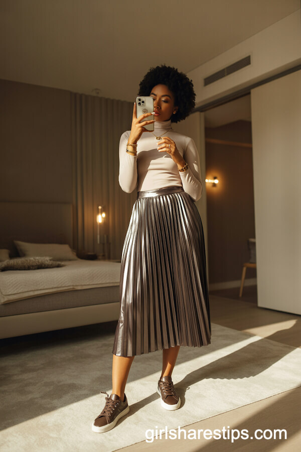 Metallic Pleated Skirt & Turtleneck