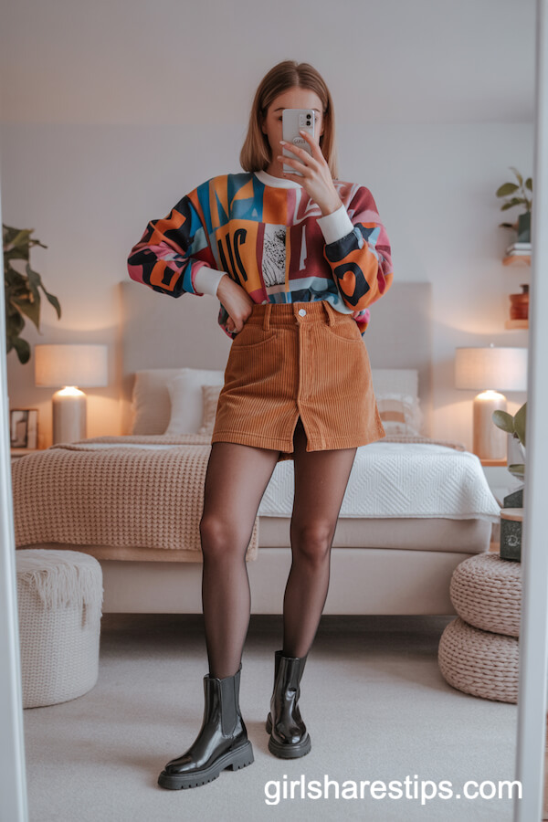 Graphic Sweater & Corduroy Skirt