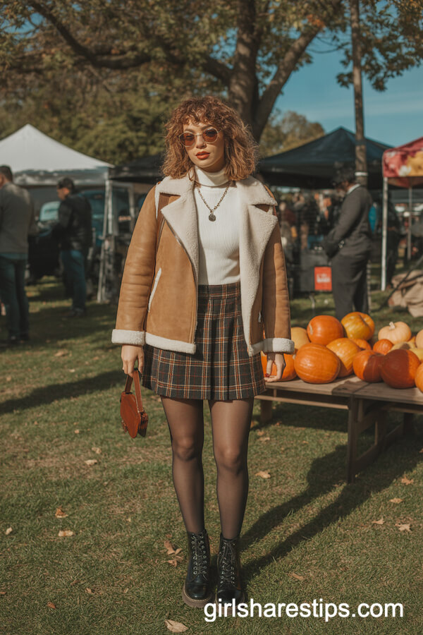 Faux Shearling Jacket & Plaid Skirt