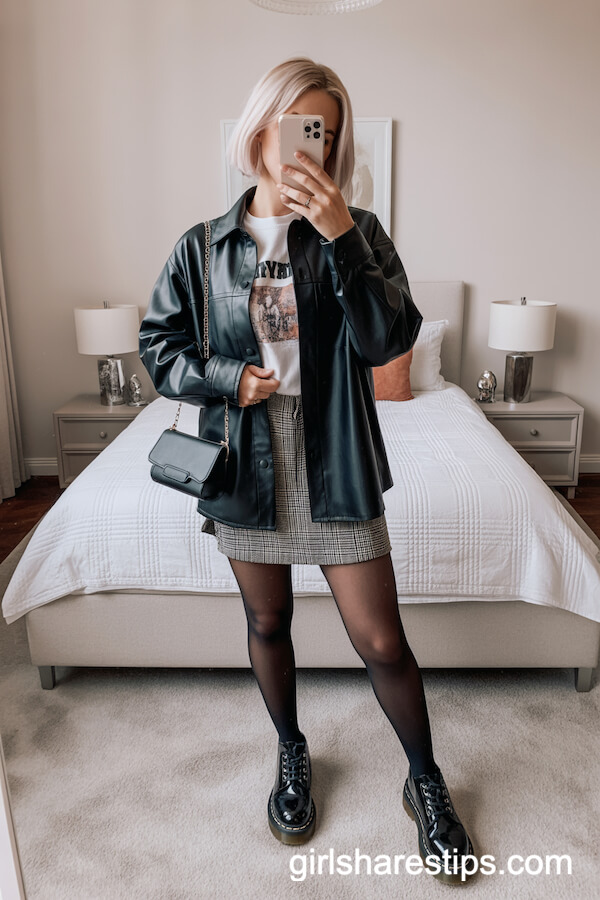 Leather Shirt-Jacket & Plaid Skirt