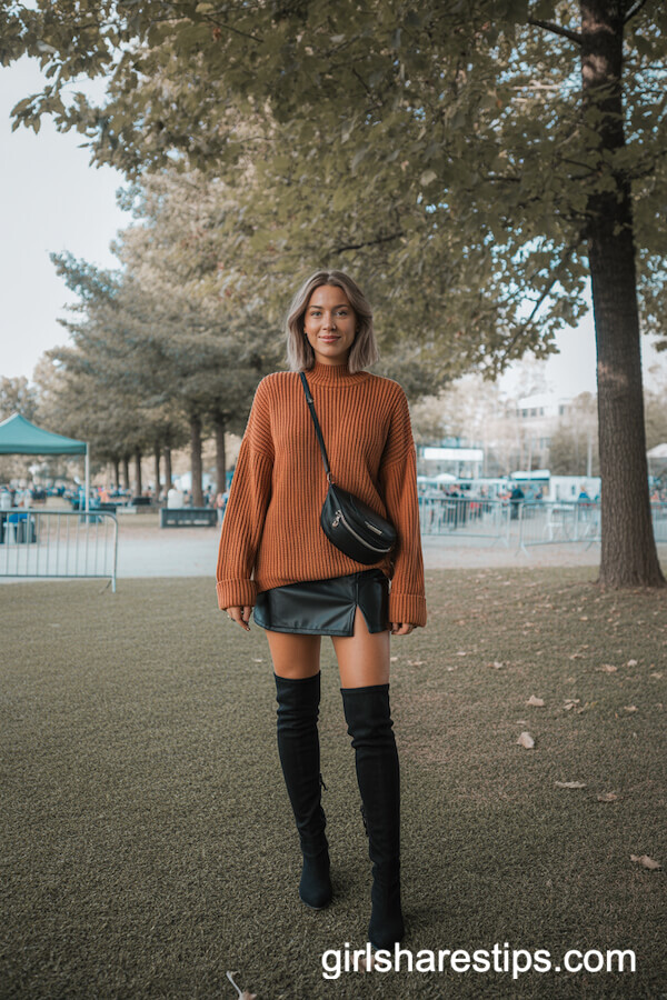 Oversized Knit Sweater & Leather Skirt