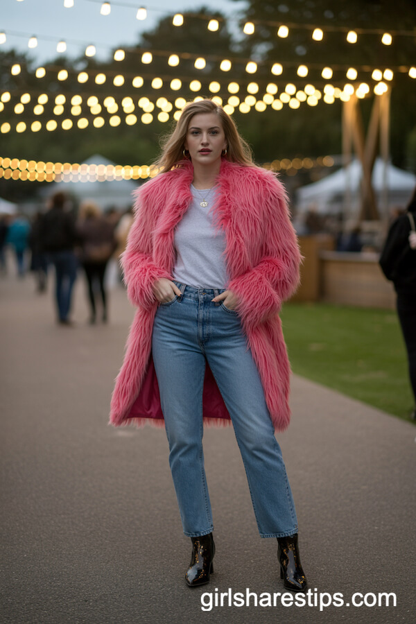 Faux Fur Coat & Straight-Leg Jeans