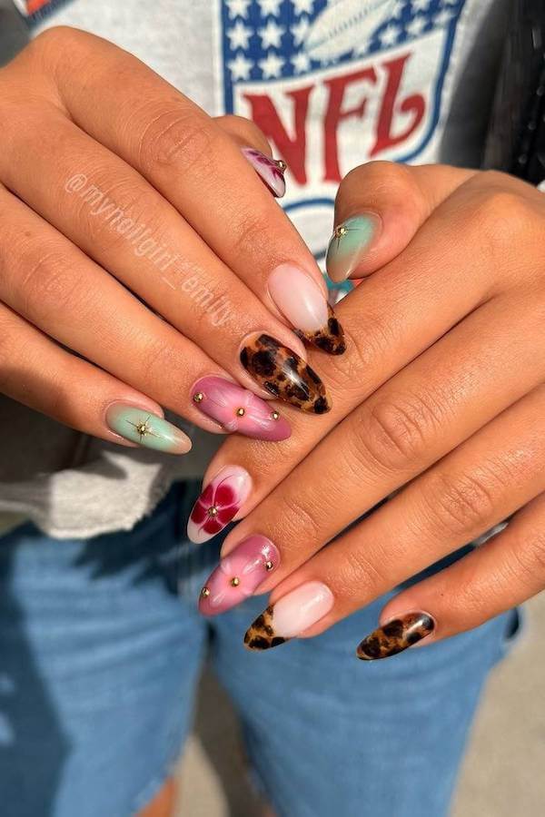 Colorful Tortoise Shell Nails with Floral Art