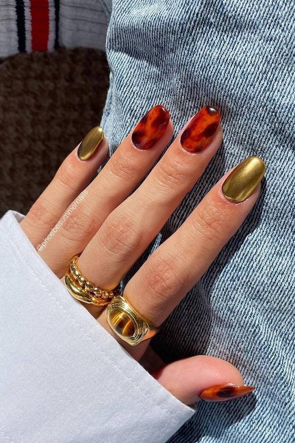 Gold Accent Tortoise Shell Nails