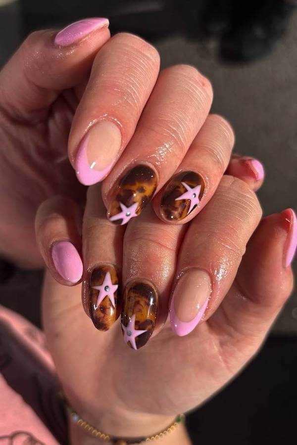 Pink and Tortoise Shell Star Nails
