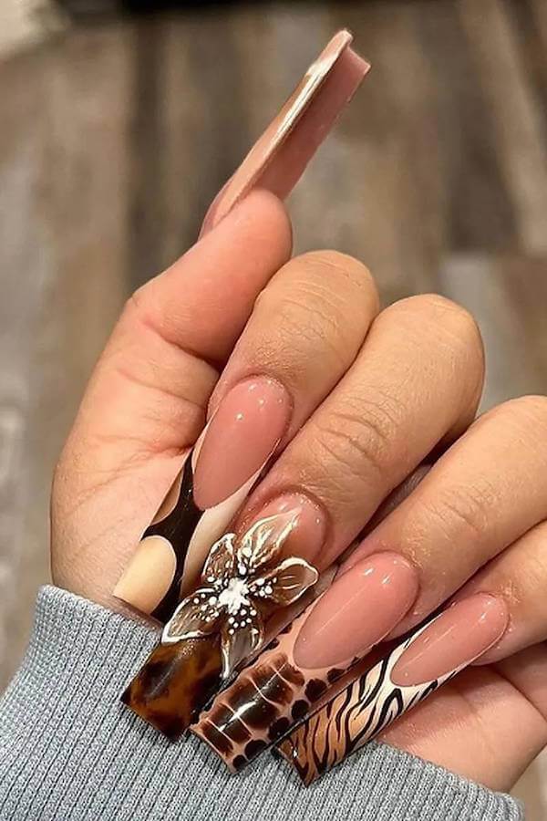 Mixed Print Extra Long Tortoise Shell Nails