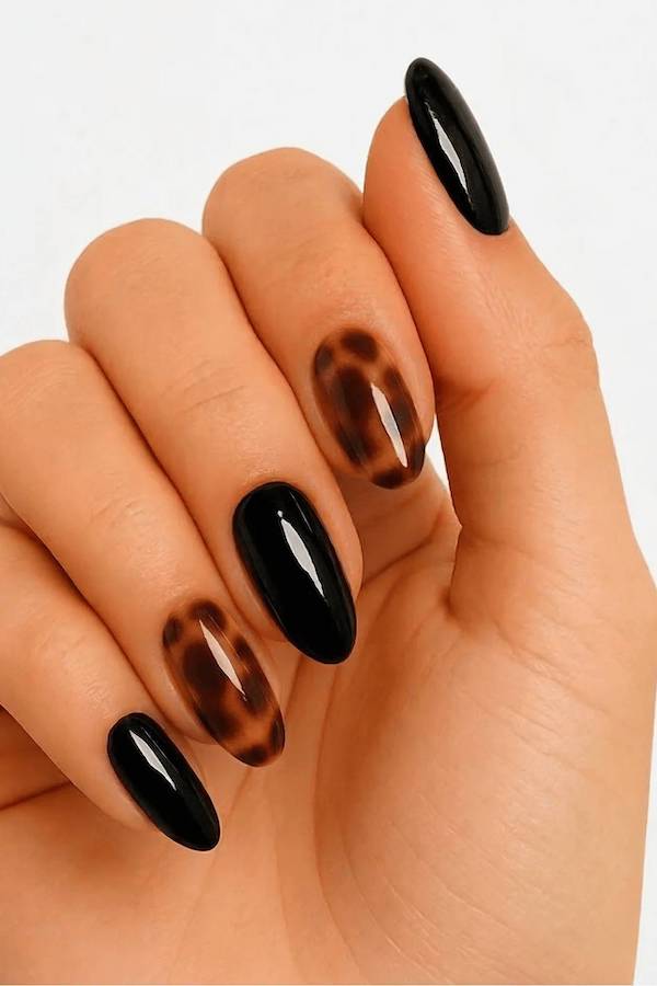 Classic Black and Tortoise Shell Almond Nails