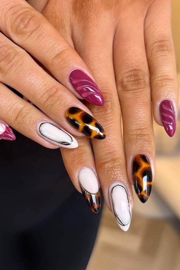 Tortoise Shell and Magenta Glam Stiletto Nails