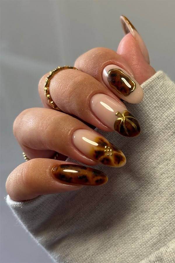 Gold Pumpkin and Tortoise Shell Fall Nails
