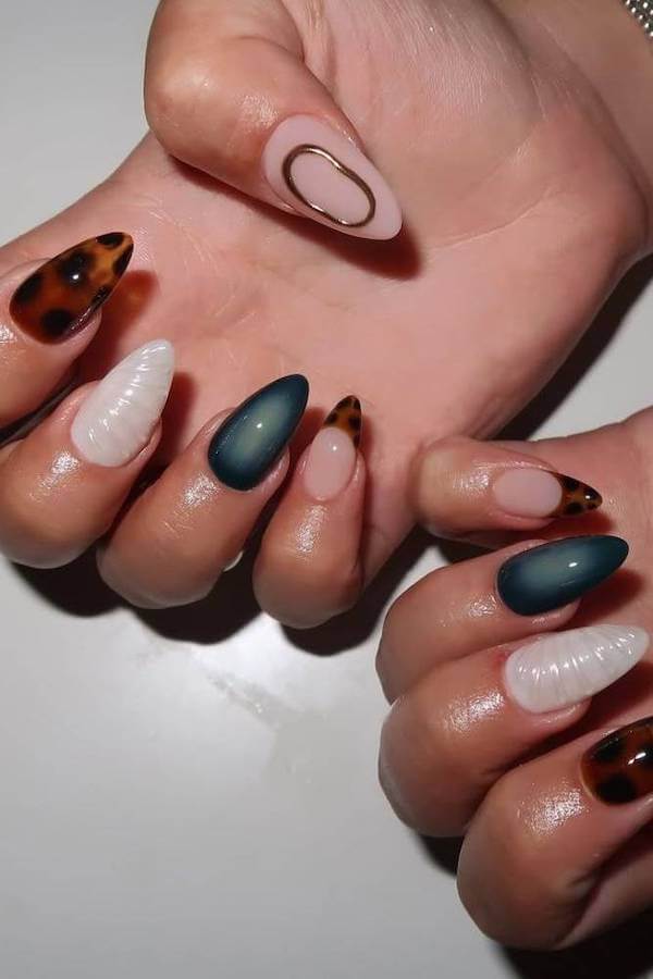 Tortoise Shell with Teal and White Nails