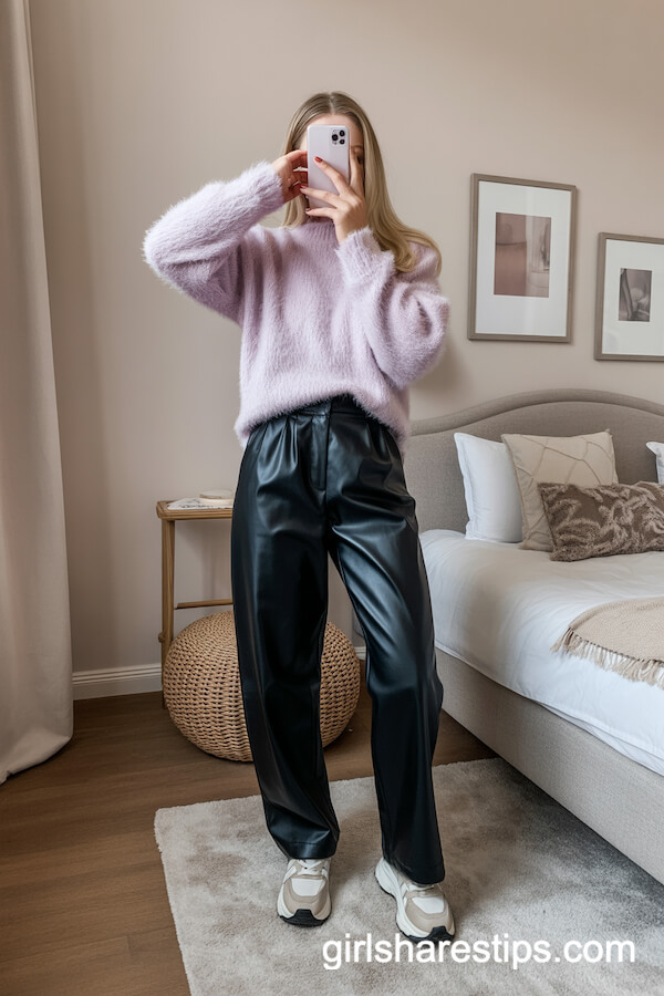 Fuzzy Sweater & Leather Pants