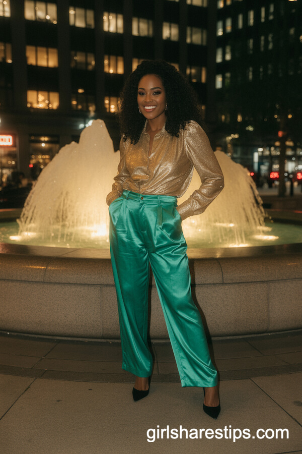 Gold Blouse Emerald Trousers