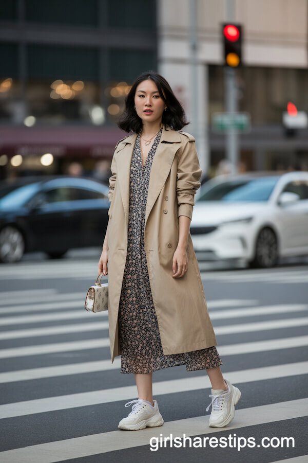 Trench Coat & Floral Midi