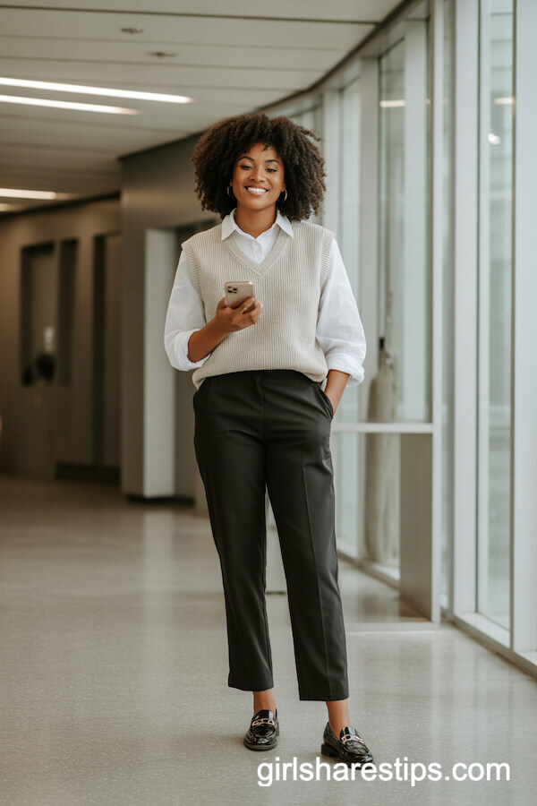 White Button-Down Layered with Beige Sweater Vest