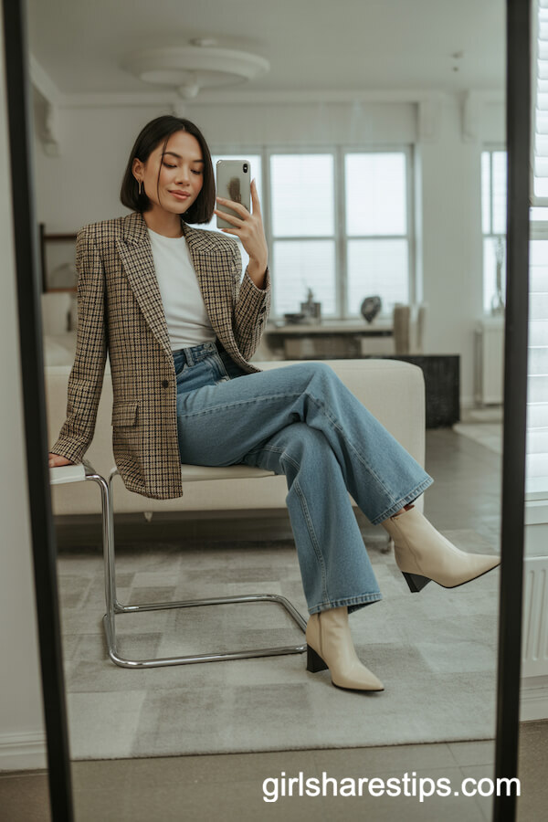 Checked Blazer with Blue Jeans and Heeled Boots