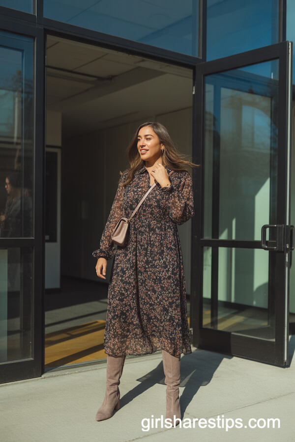 Autumn Floral Midi Dress with Taupe Knee-High Boots