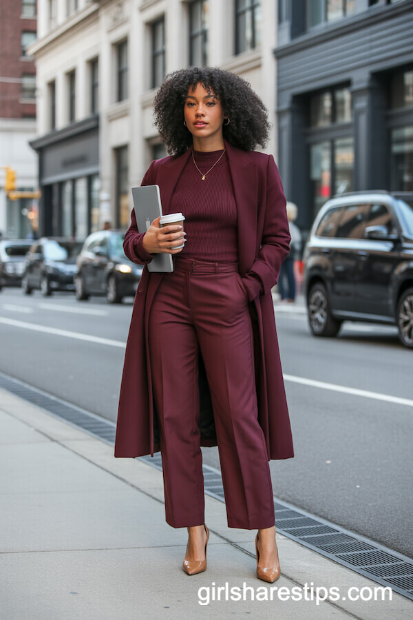 All-Burgundy Look with Tan Heels