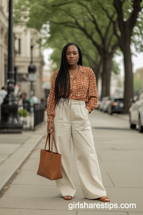 Cream Wide-Leg Pants with Burnt Orange Blouse