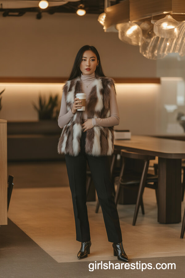 Faux Fur Vest with Straight-Leg Black Trousers