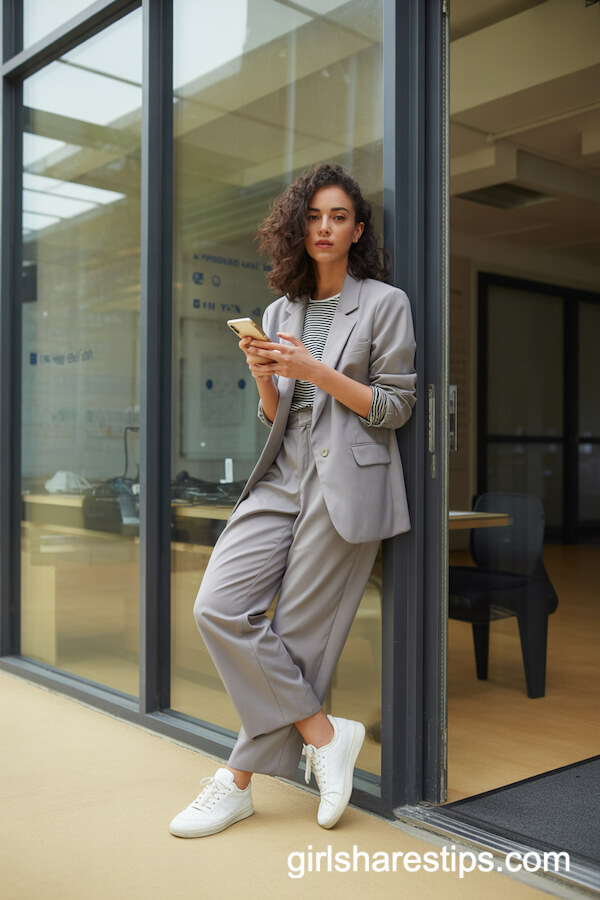Relaxed Gray Suit with White Sneakers
