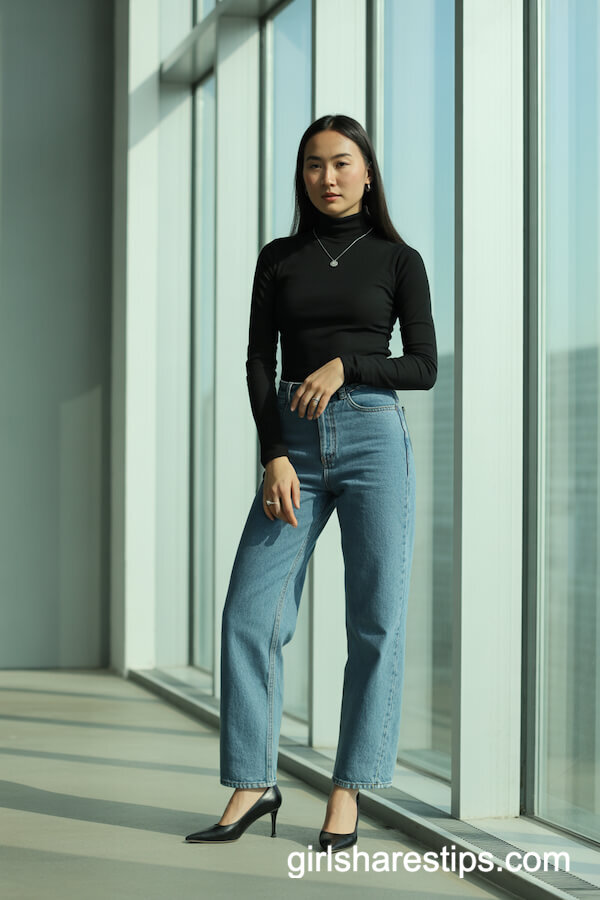 Fitted Black Turtleneck with Blue Jeans