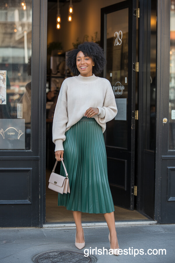 Chunky Cream Knit Sweater Green Midi Skirt