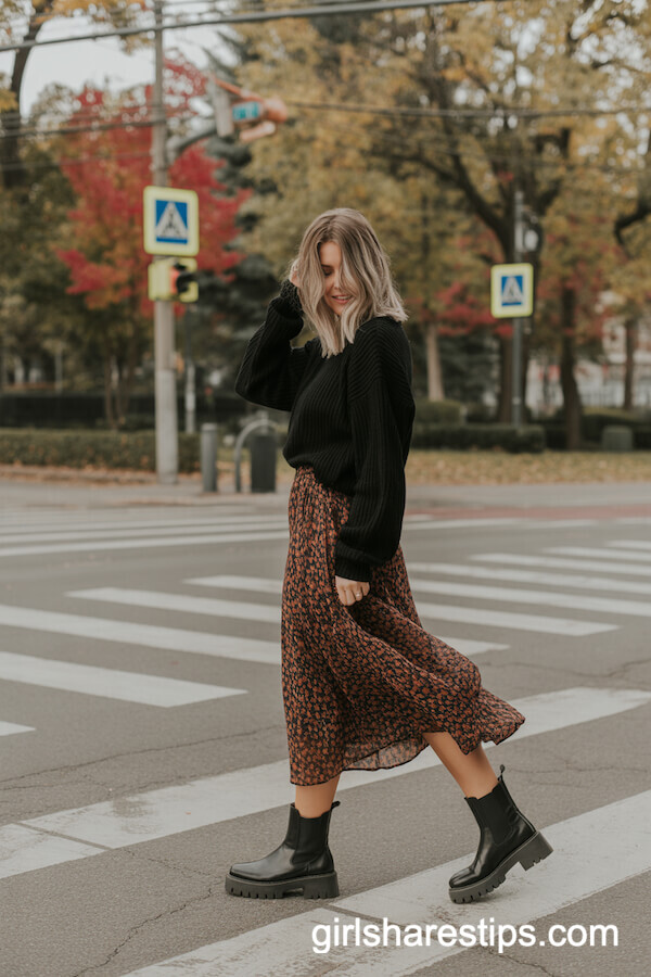 Printed Fall-Colored Midi Skirt with Black Sweater